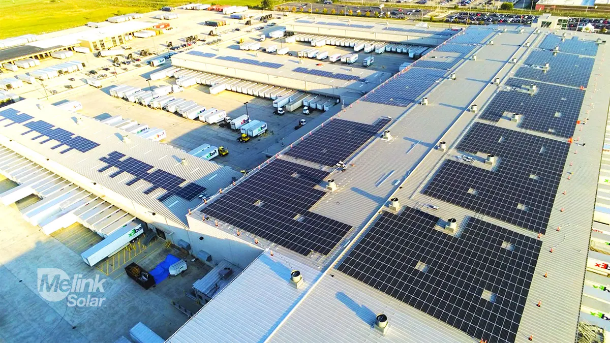 Aerial view of the completed FedEx rooftop solar installation in Chicago